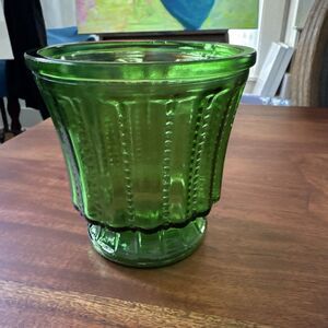 Vintage Green Pressed Glass Pedestal Planter Pot, Ribbed Pattern, Round, Glossy